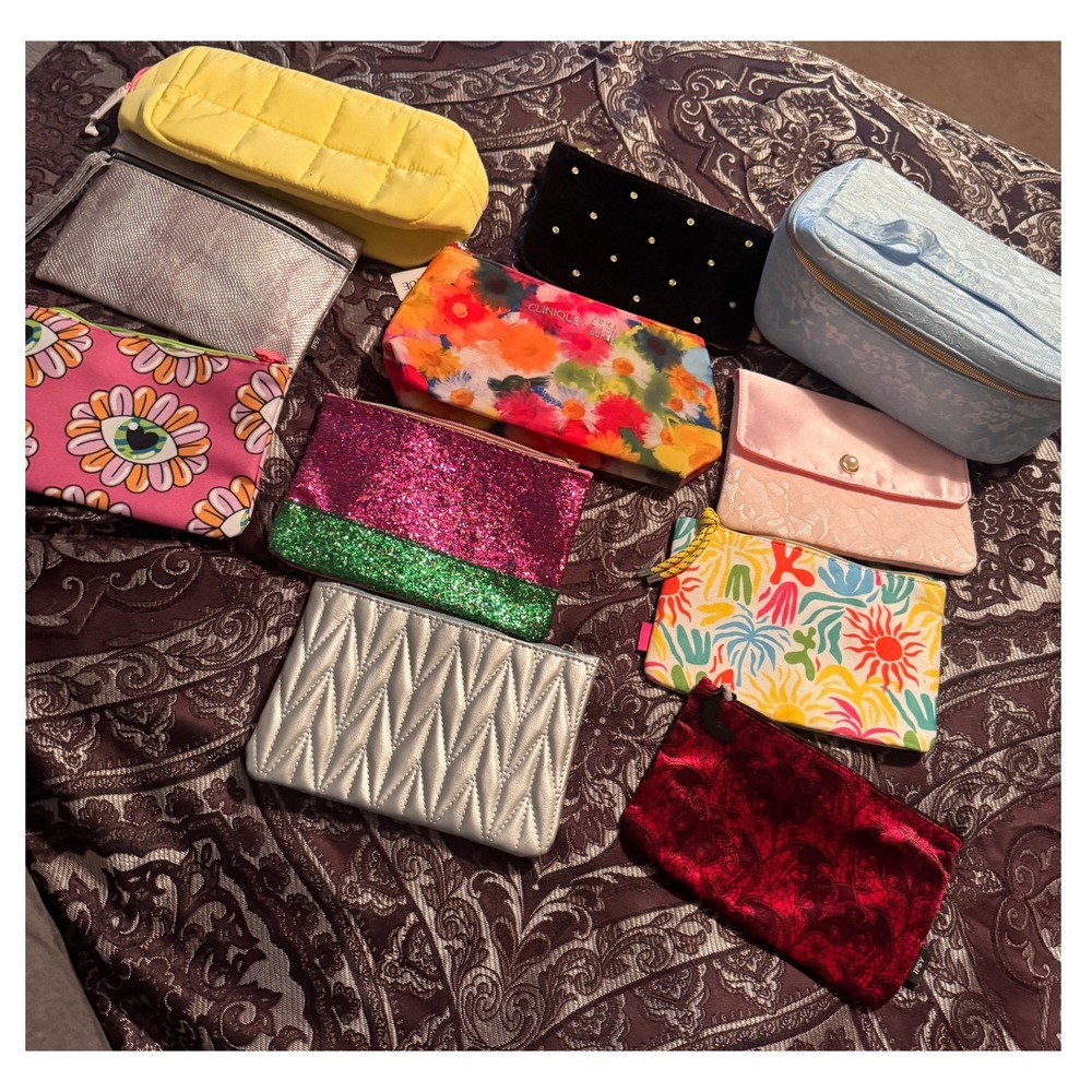 Lot 11 Ipsy Clinique Cosmetic Bags New Makeup Pouches Floral Glitter Velvet Blue